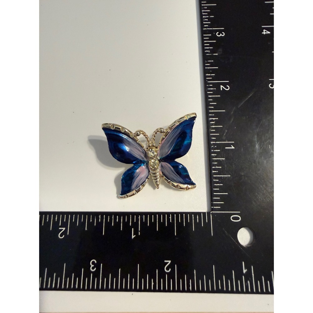 Vintage Blue Enamel‎ Butterfly Brooch Silver Tone Rhinestone Insect Pin 1.5 Inch